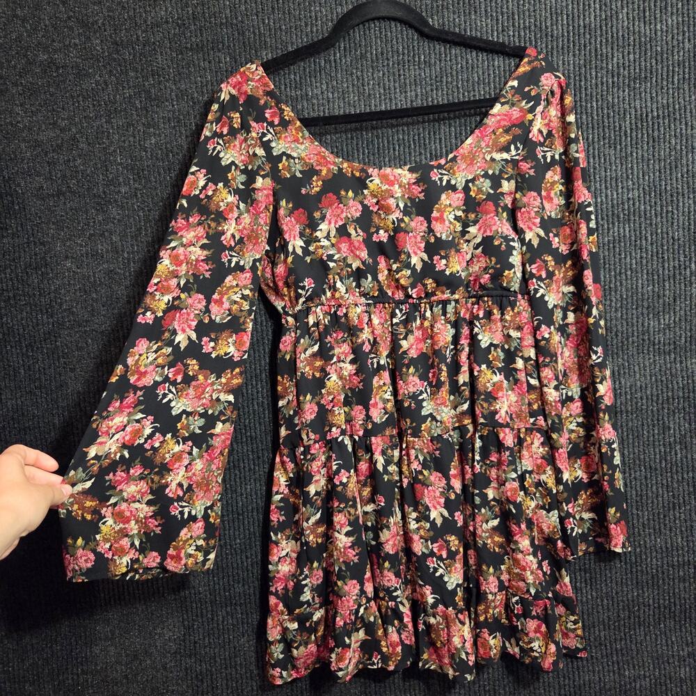 Floral Black Pink Whimsygoth Bell Sleeve Tiered Flowy Mini Dress Small